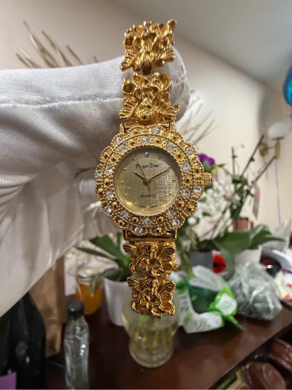 Vintage 90s Prayer Time Ornate Gold Angel Watch | Rhinestone Cherub Link